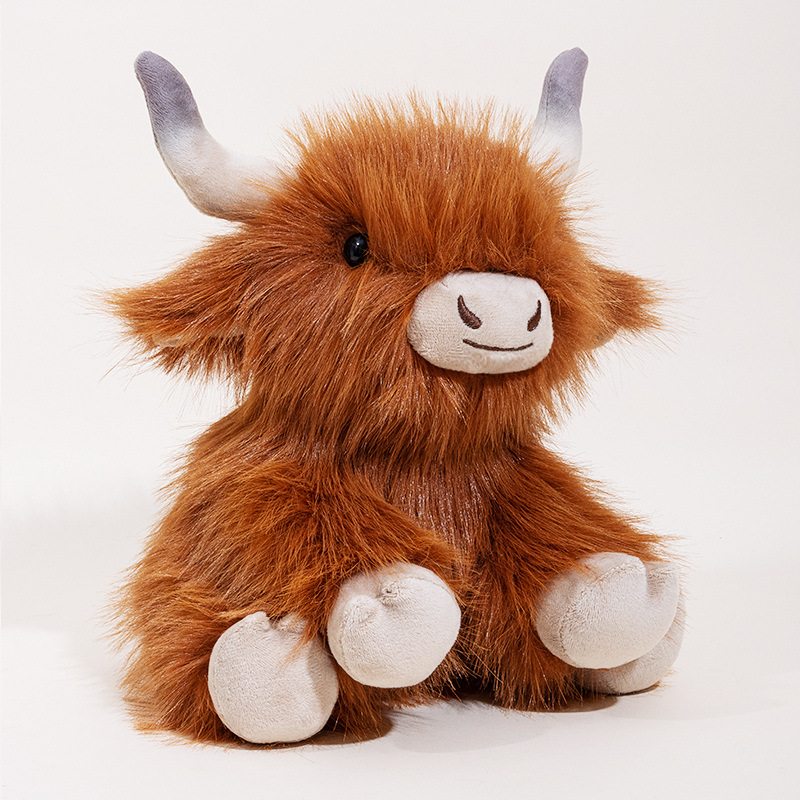 Cross-border squatting, sitting and lying positions, Scottish Highland cow plush toys, long-haired cow figurines, Christmas hats, scarves and dolls