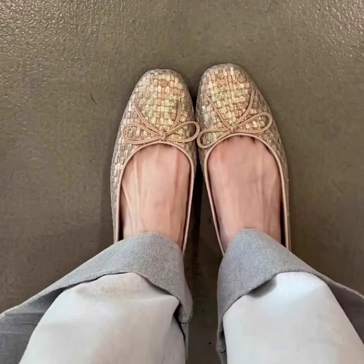 Lambskin version ~ Niche woven bow flat ballet flats, 2025 new summer style, elegant soft sole, low-cut shoes