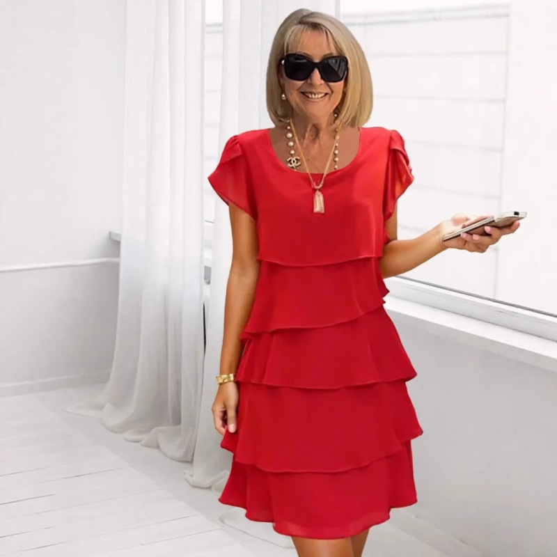 2026 Independent Station European and American Cross-border New Summer short-sleeved cake dress solid color round neck dress for women