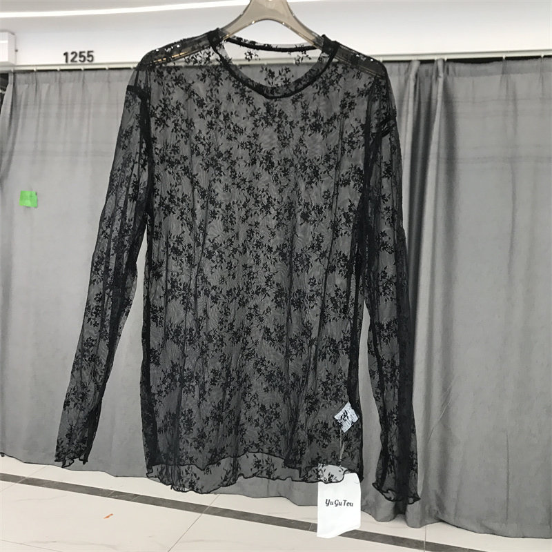 Lace see-through long-sleeved T-shirt for spring and summer, new Korean style loose round-neck thin sun-protective smock base layer for women