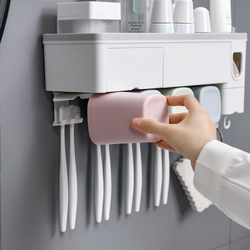 Wall-mounted toothbrush holder, couple's double cup, Nordic style solid color washbasin drawer storage set, toothpaste dispenser, mouthwash cup, wall-mounted.