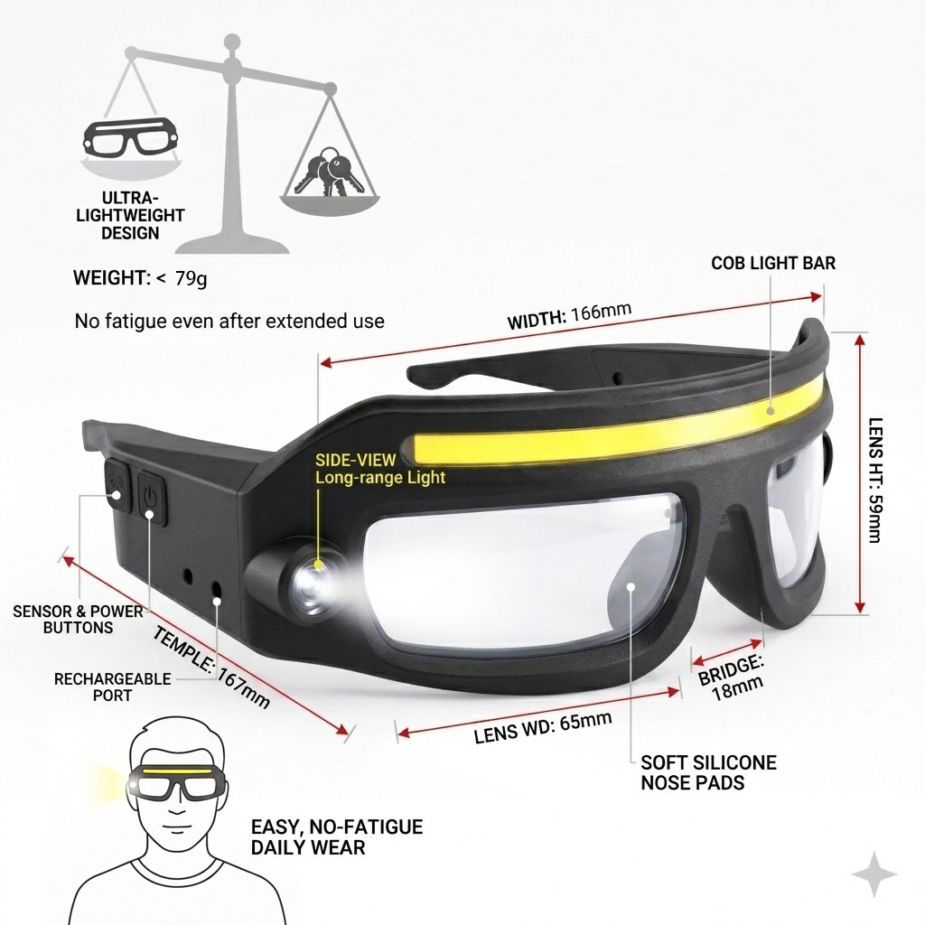 Cross-border new USB charging dual-light source COB multi-functional glasses lamp TYPE-C charging warning sensor headlamp