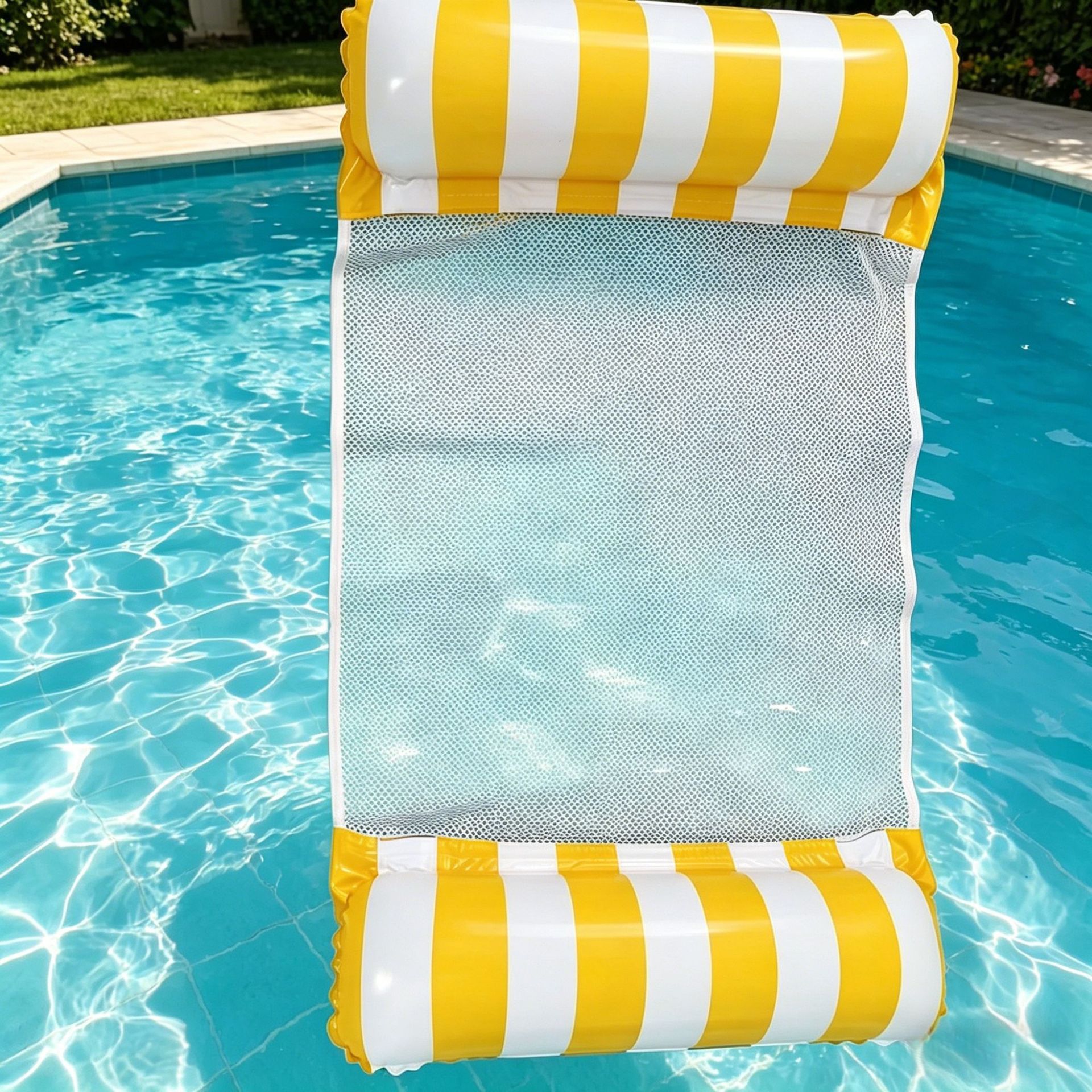 Floating adult PVC inflatable hammock, portable folding water chair, striped float, lightweight travel, summer leisure.