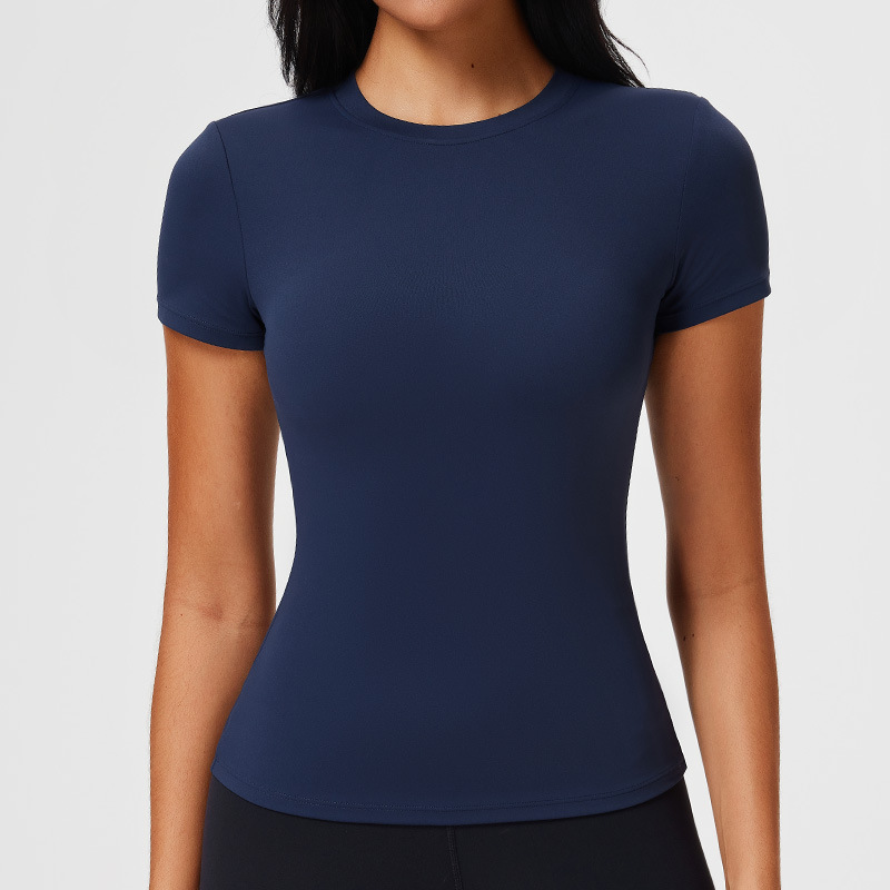 Summer round neck short-sleeved T-shirt for women, slim fit, brushed, breathable, quick-drying, suitable for yoga and fitness.