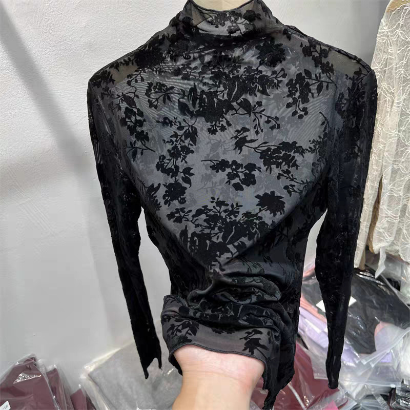 Semi-high-neck printed chiffon blouse, lace long-sleeved women's 2026 new autumn color-blocked top, tulle base layer