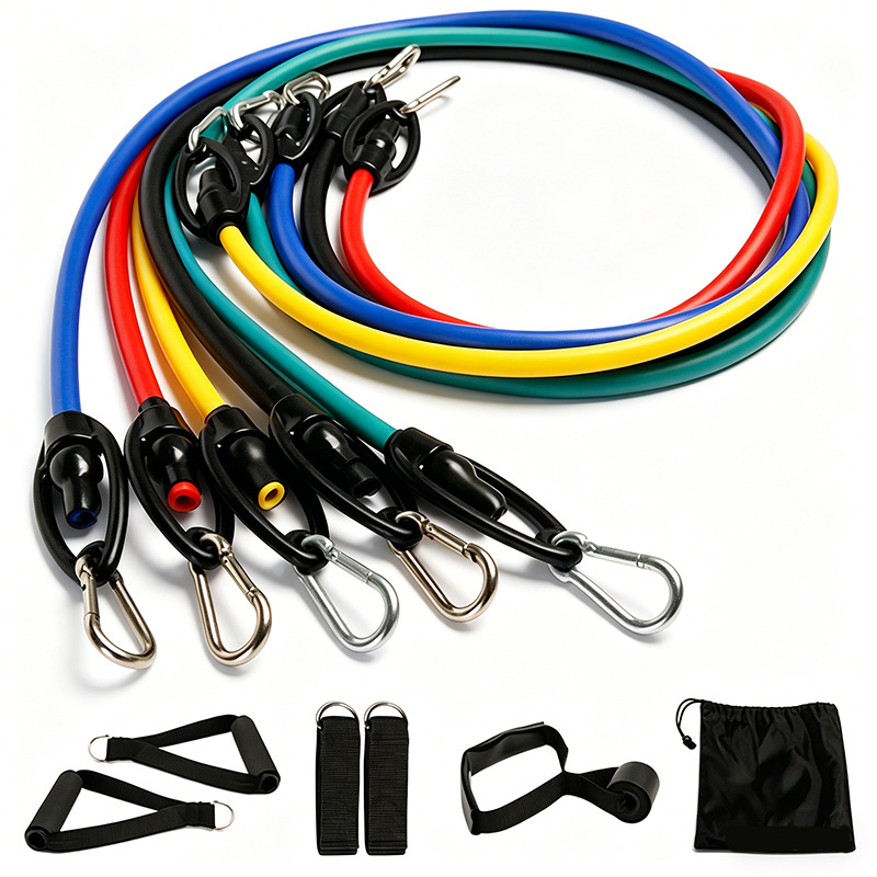 Factory direct stock of 11-piece TPE multi-functional home fitness resistance band set.