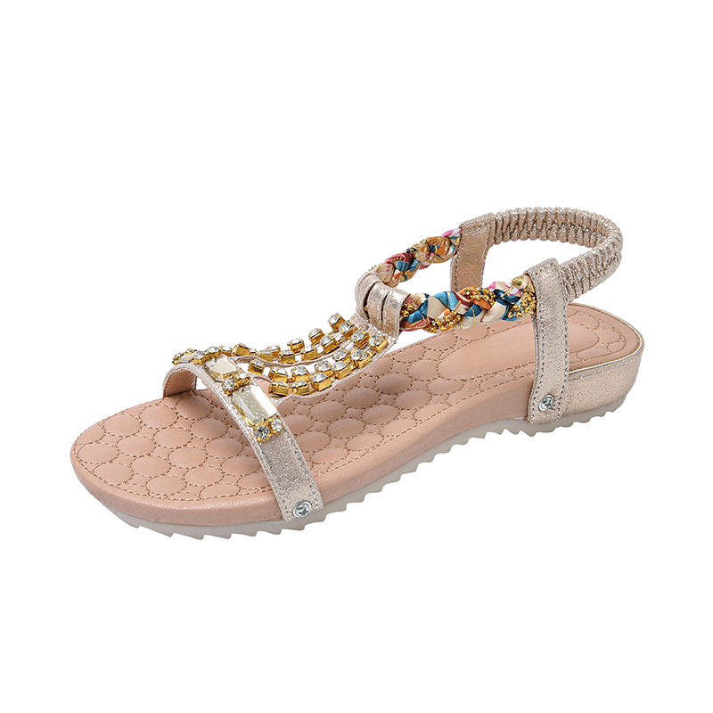 Women's Soft-Soled Beach Sandals, Summer Flat Style, 2026 New Arrival, Popular Online, Non-Slip, Versatile, Student Style, Rhinestone Bohemian, Suitable for Outdoor Wear