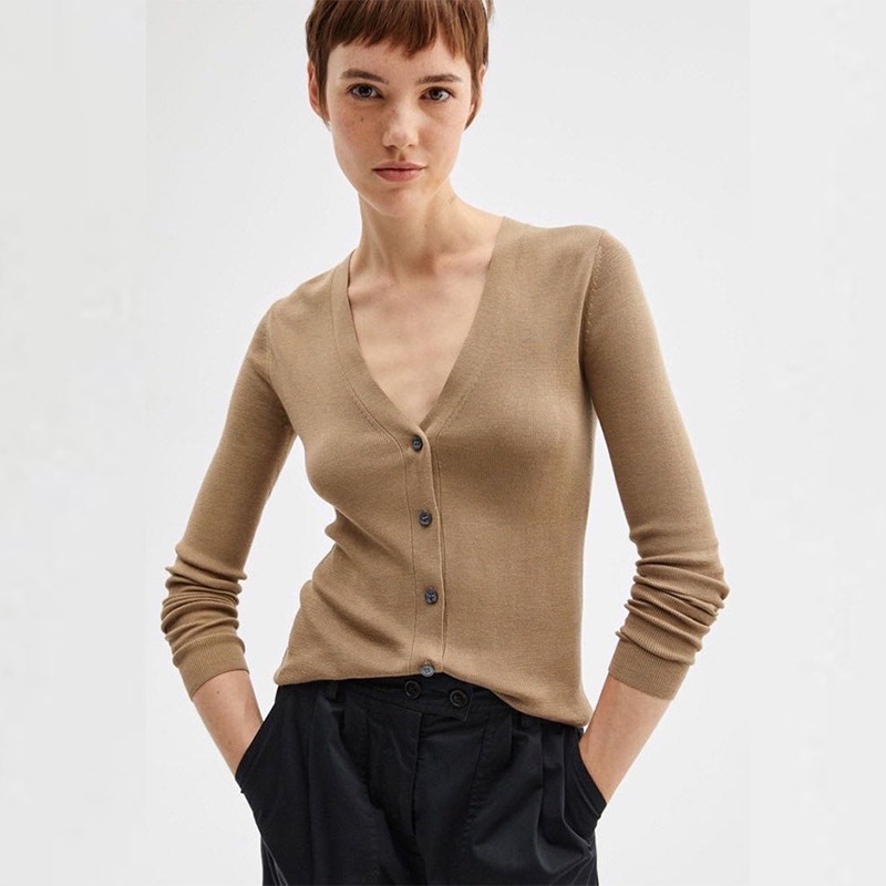 NILI Thin Single-Breasted Silk Long-Sleeve Sweater Solid Color Long-Sleeve Knitted Cardigan Top Export Processing and Customization