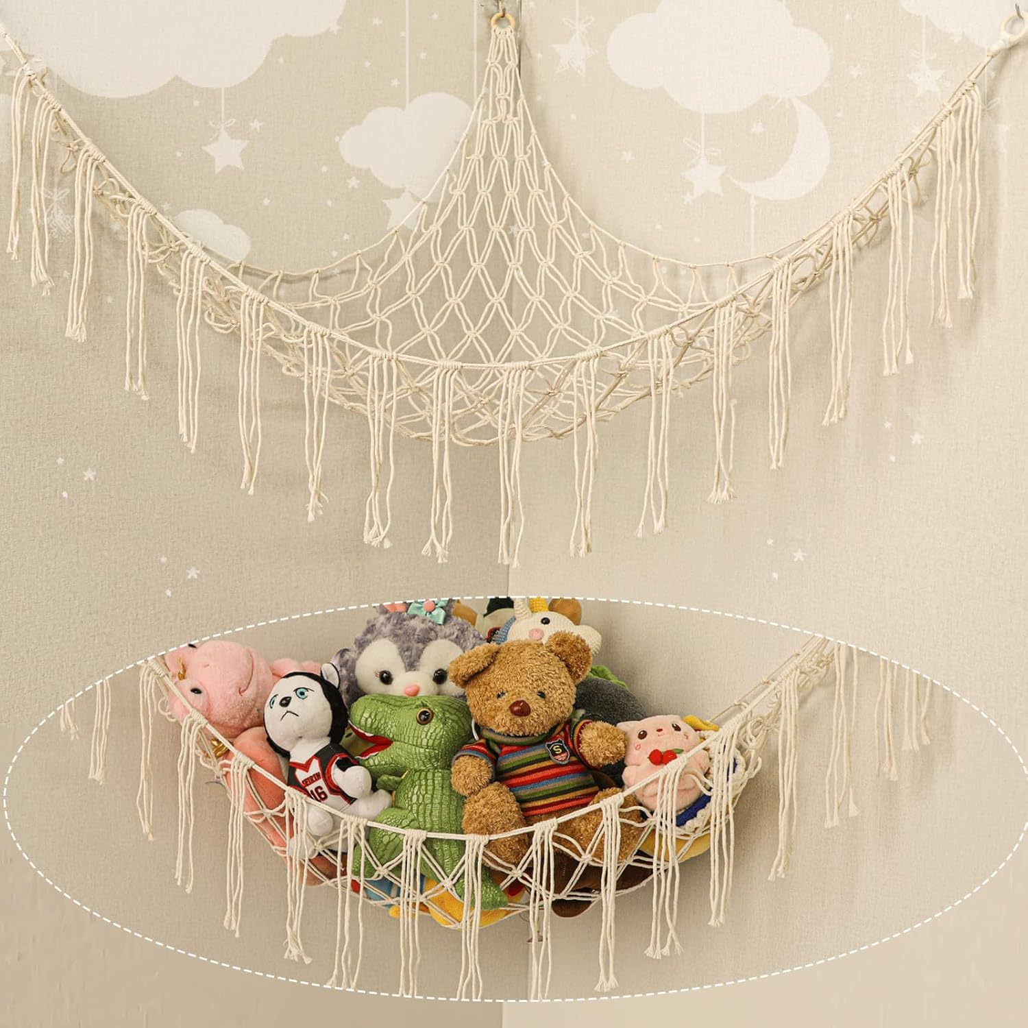 Cross-border plush toy storage with hanging rope, triangle storage mesh bag, children's room storage
