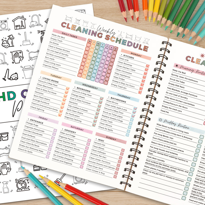 Cross-border best-selling ADHD CLEANING household cleaning schedule annual cleaning checklist planner coil book