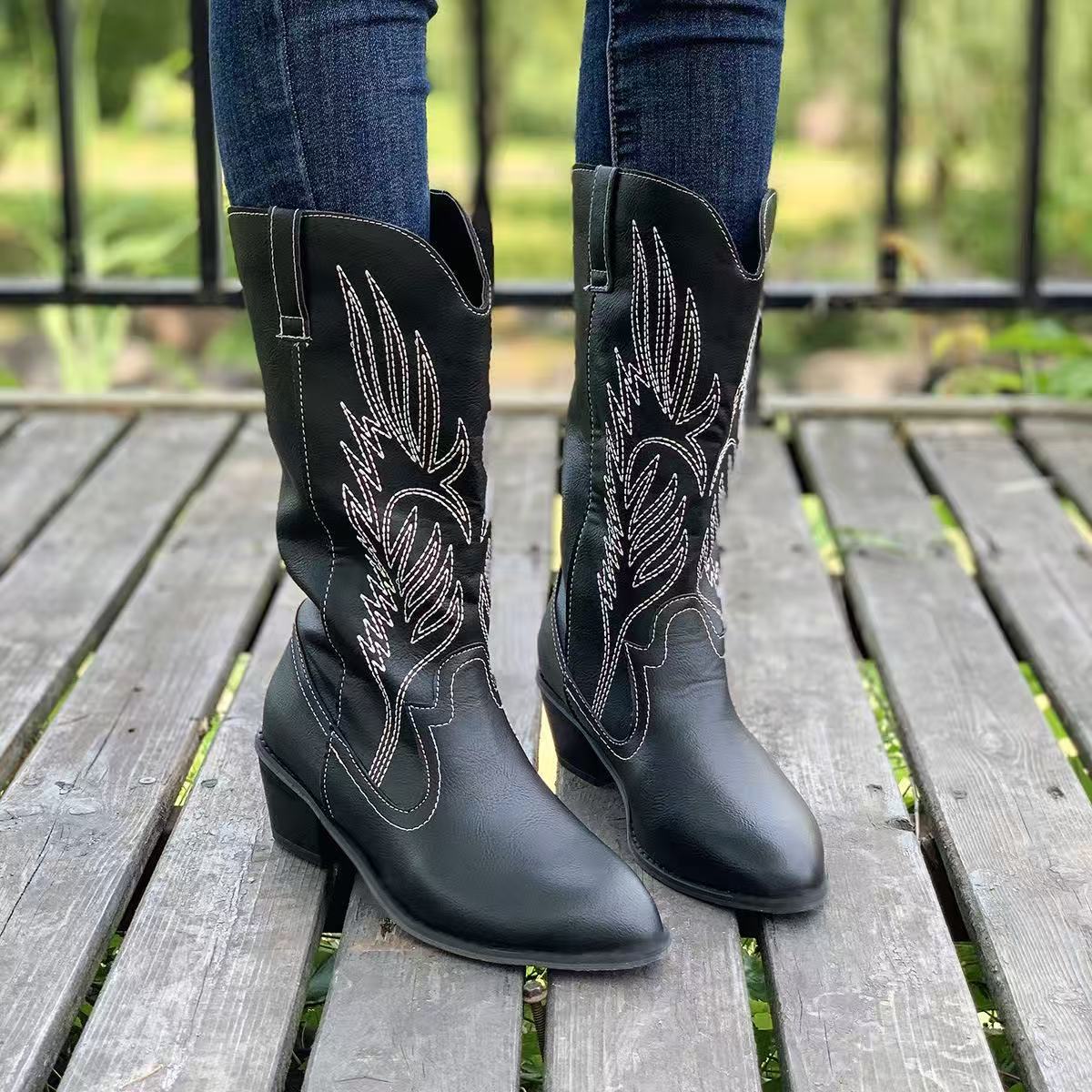 Amazon plus-size long-leg women's boots, Western denim boots, mid-heel ethnic style square-toed women's shoes, square Root women's riding boots
