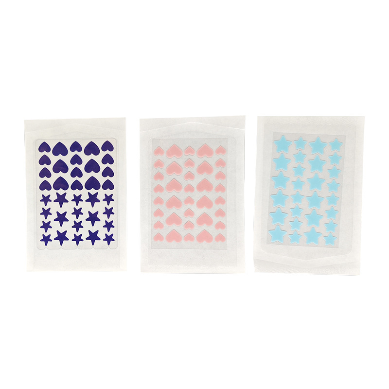 Custom-made star-shaped acne patches, hydrocolloid dressings, acne-clearing patches, invisible facial concealer, soothing acne-removing patches.