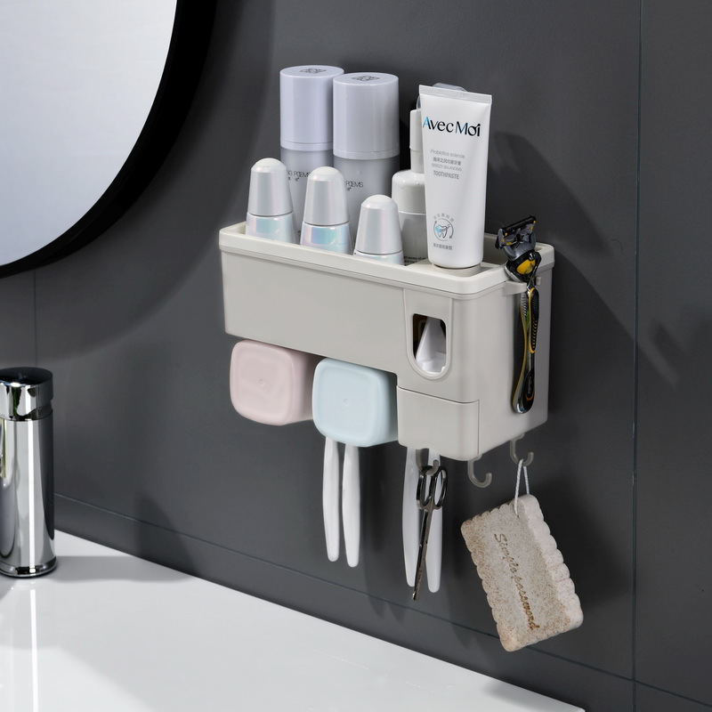 Wall-mounted toothbrush holder, no drilling required, bathroom drawer storage set for three or four-person families, toothpaste dispenser with nail-free suction cup.