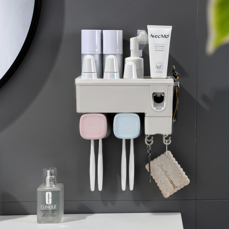 Toothbrush holder, bathroom wall-mounted automatic toothpaste dispenser and mouthwash cup set, a hot-selling cross-border e-commerce product.