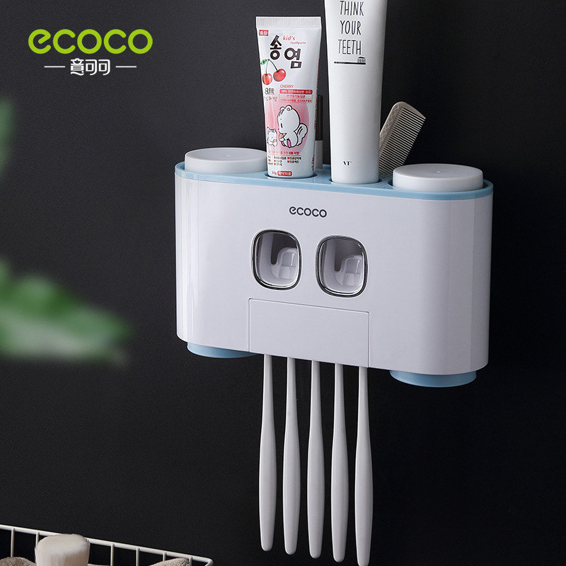 No-drill toothpaste dispenser, wall-mounted four-cup toothbrush holder, bathroom toothbrush and toothpaste storage rack, mouthwash cup set.