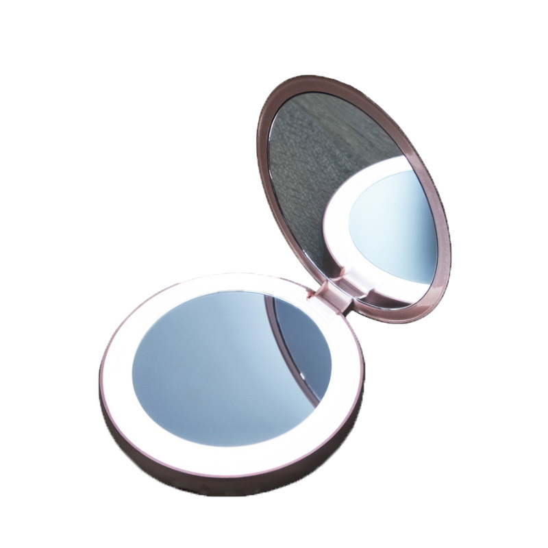 Wholesale LED portable makeup mirrors with lights, round handheld pocket, reversible folding small mirrors. Manufacturer