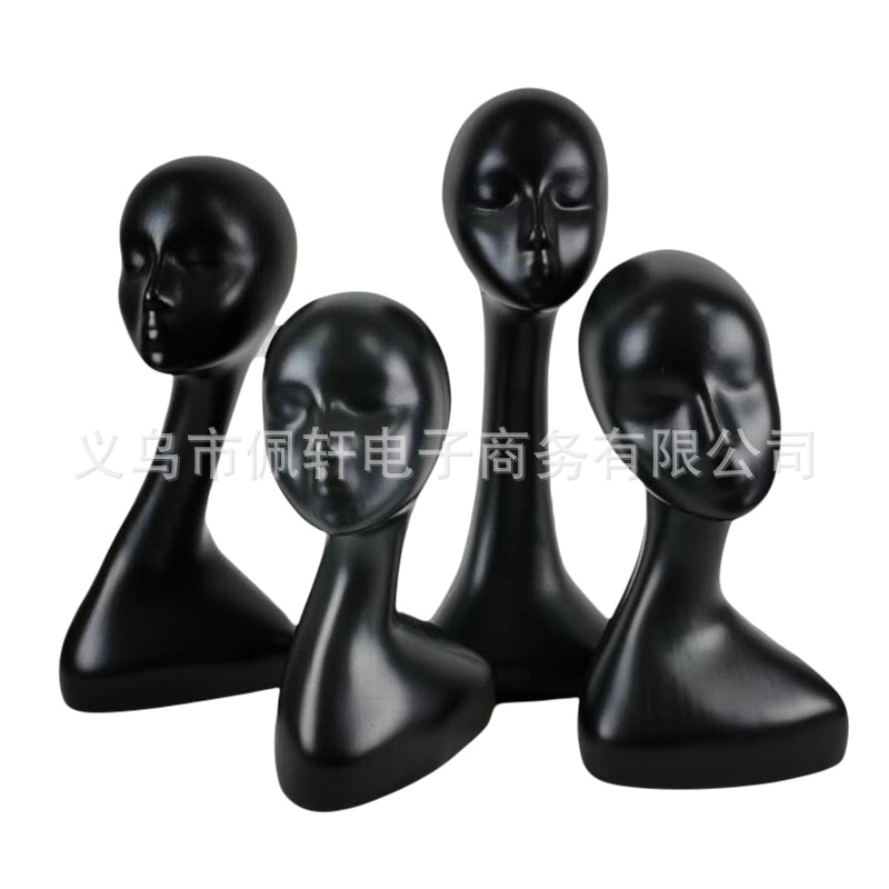 Female model head art creative abstract plastic head model with crooked neck and long neck wig, hat, scarf and accessories female head model