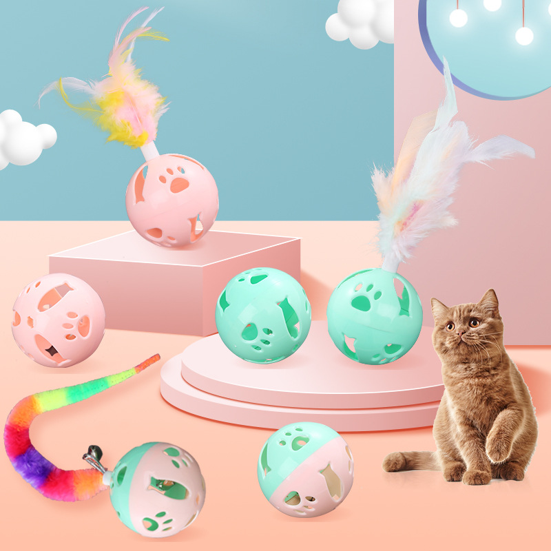 Pet supplies factory offers wholesale macaron-colored detachable feather bell ball chasing and playing cat toys in stock