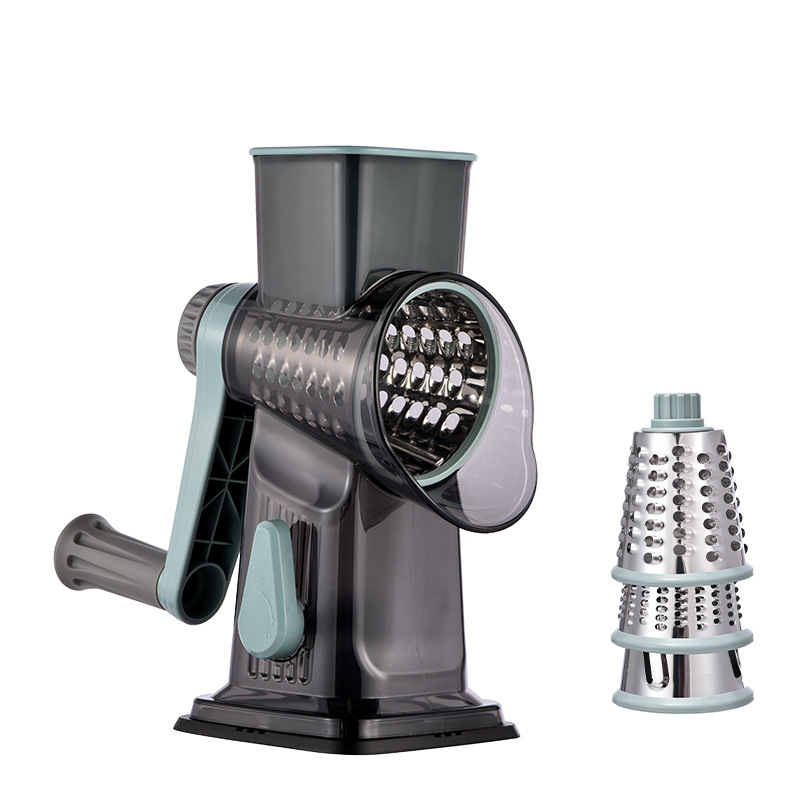 This multi-functional hand-cranked drum vegetable slicer is a safe and hand-safe vegetable slicing and shredding tool for home kitchens