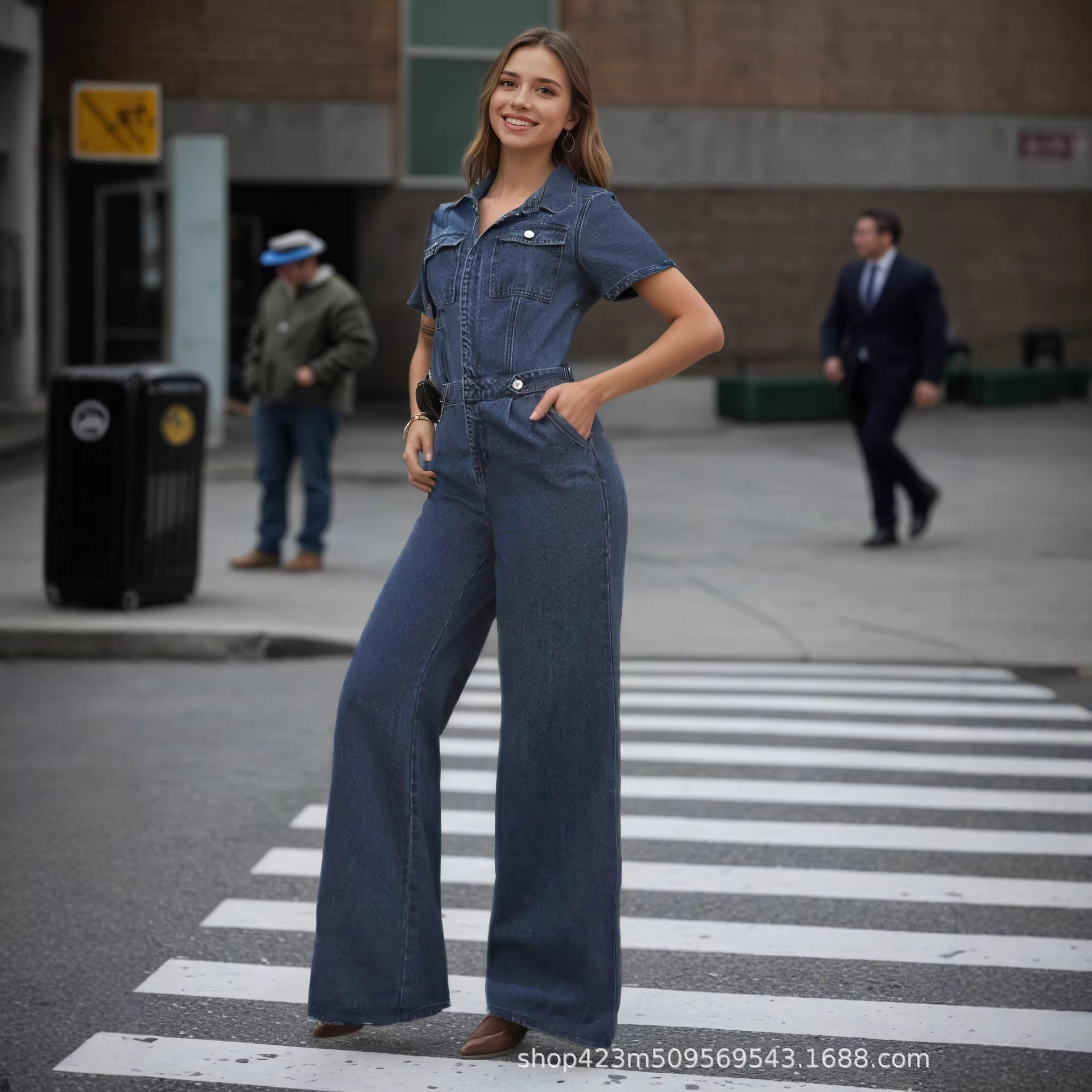 New autumn and winter collection of women's denim jumpsuits for cross-border trade with Europe and America, fashionable flip-top pocket button front-opening jeans