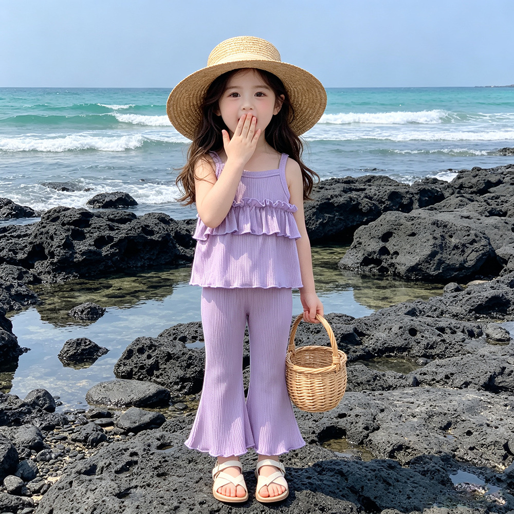The 2026 new Girls' set summer halter thin ice silk halter dress flared nine-inch pants two-piece set is stylish and trendy