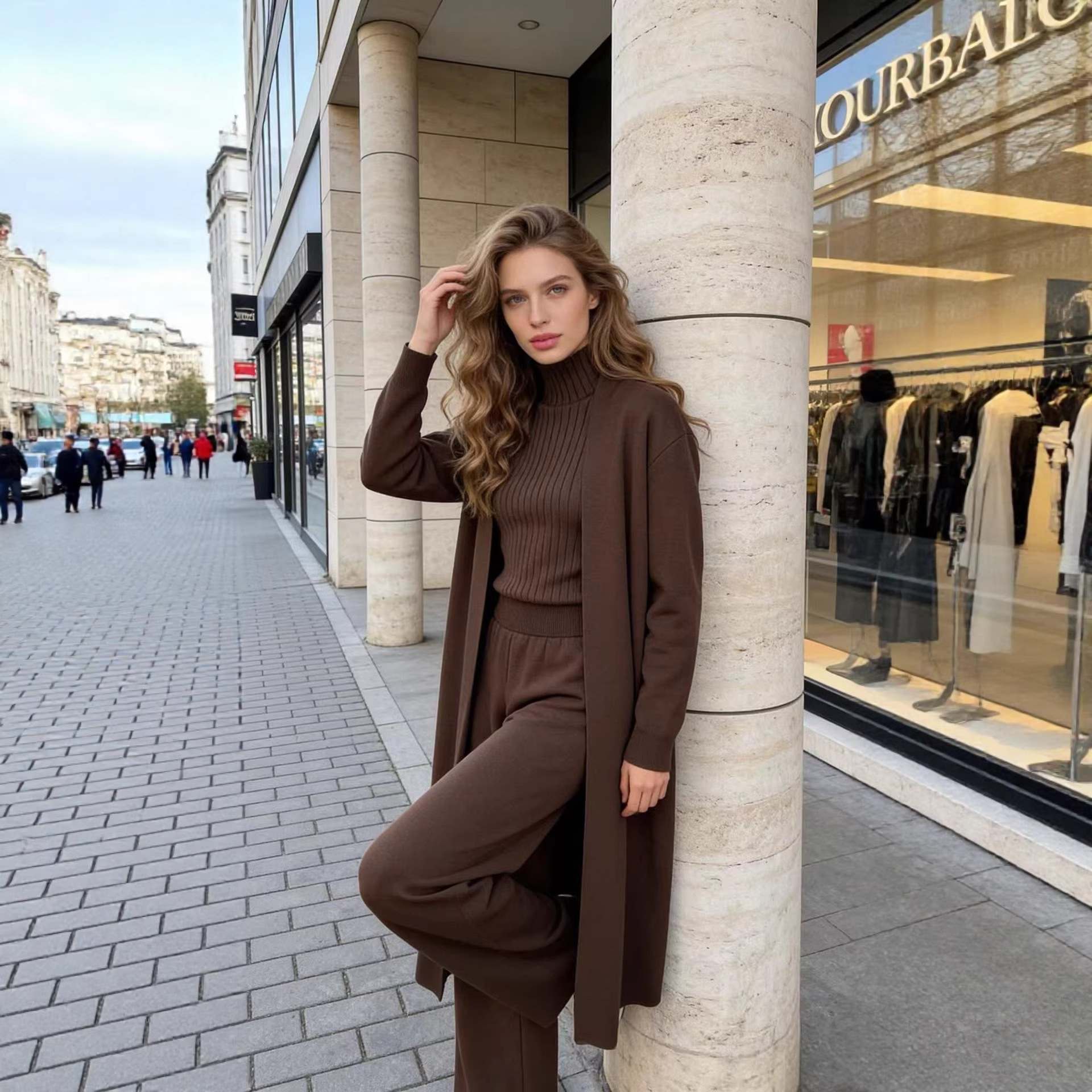 Cross-border Temu best-selling solid-color three-piece knitted set: sleeveless vest + cardigan sweater + pants three-piece set for women