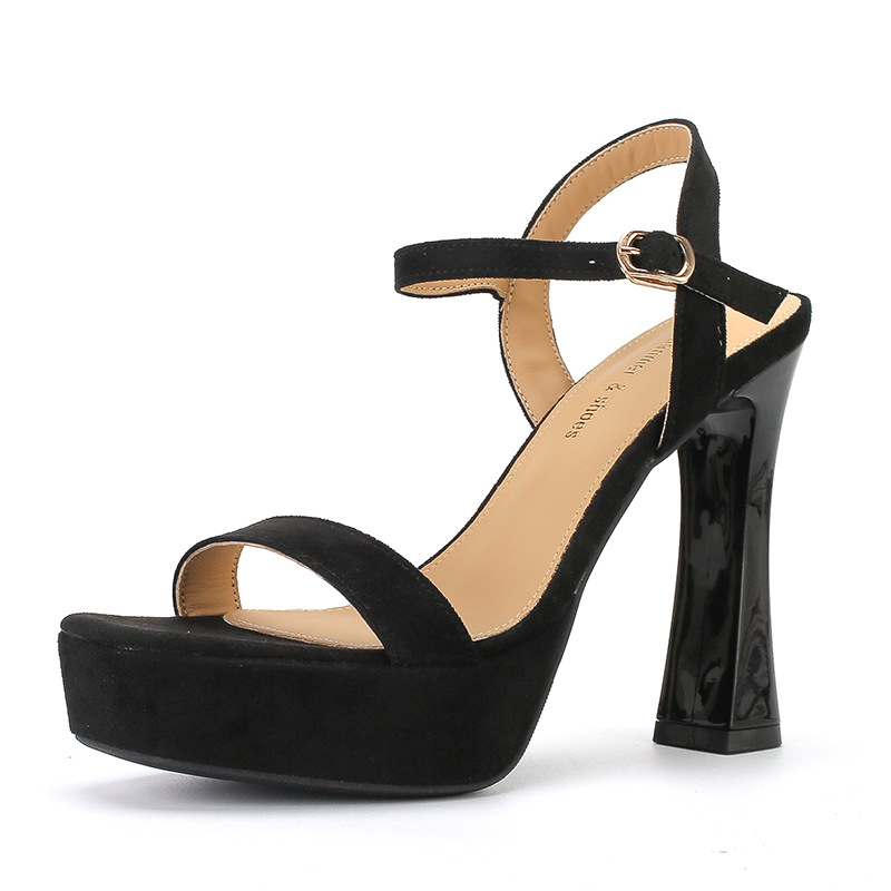 9696-5B Best-selling chunk-heeled high heels, women's fleece one-strap single shoes, women's waterproof platform open-toe elegant sandals