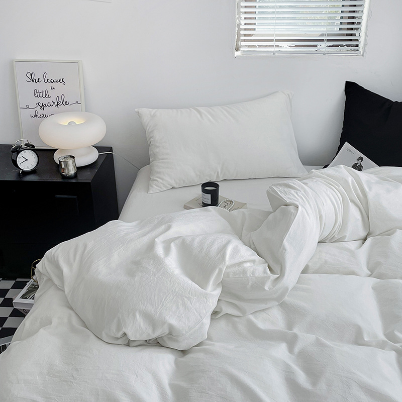 International size all-cotton yarn-dyed washed cotton four-piece set, single quilt cover, bed cover, solid color student season dormitory three-piece set