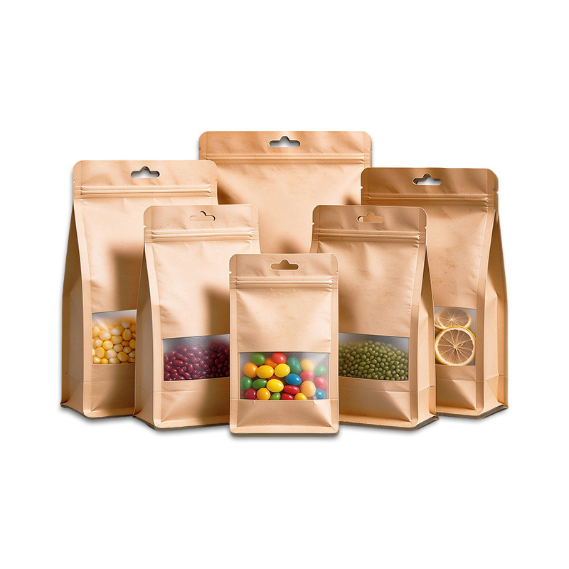 Frosted open window eight-sided sealed kraft paper bag, self-sealing bag, food beef jerky packaging bag, self-standing sealed bag, thickened