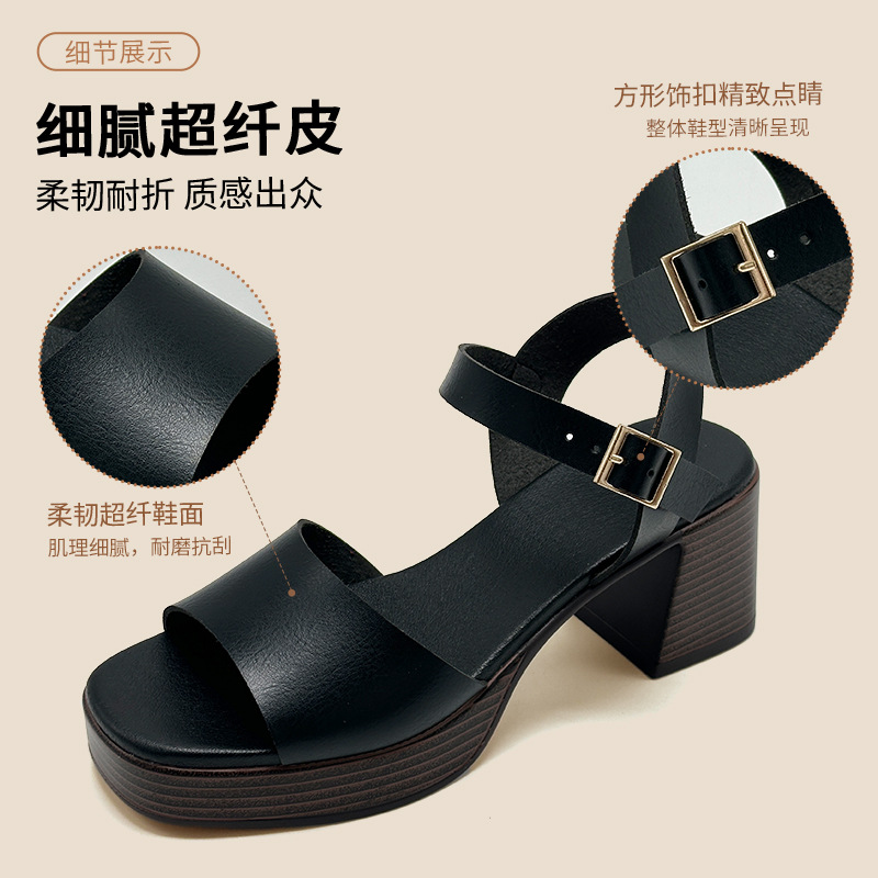 Open-toe high heels with thick soles and thick heels, anti-slip, simple Roman shoes, soft soles, retro classic, black, versatile sandals