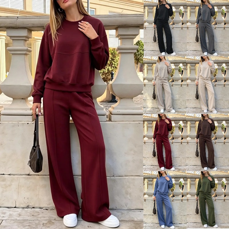 2026 European and American autumn/Winter new fashion solid color casual sporty long-sleeved top elastic waist casual long pants set for women
