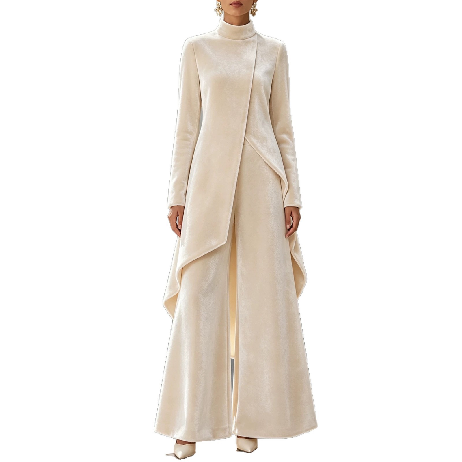 Winter 2026 European and American cross-border velvet stand-up collar long-sleeved asymmetrical two-piece set, long, light luxury and high-end women's wear