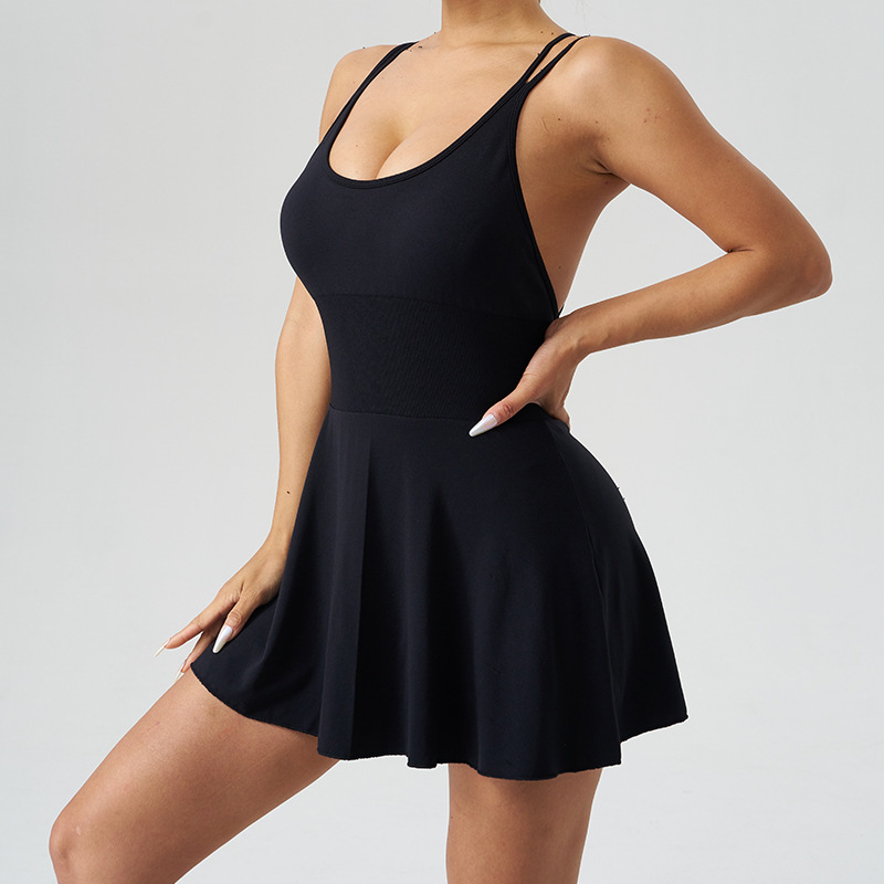 Cross-border Amazon seamless elastic yoga tennis dress women's fitness sports cross-halter one-piece dress summer