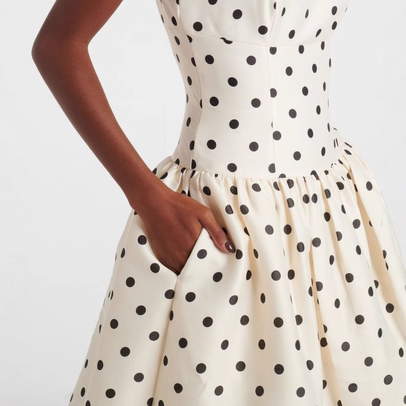Dongguan Humen Factory customizes black polka dot off-the-shoulder mid-length dresses for cross-border women