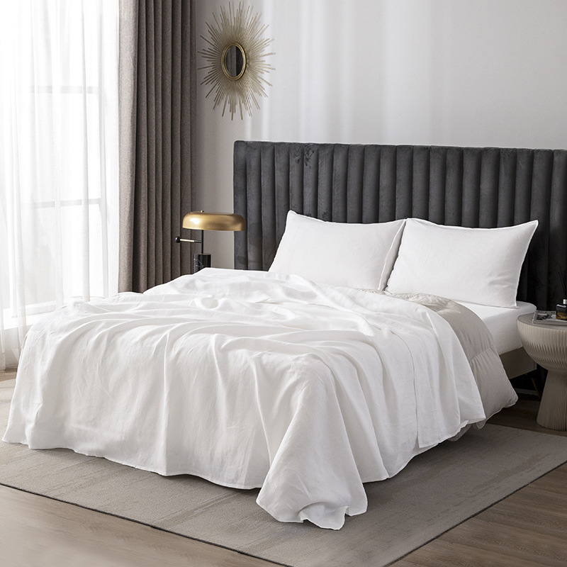 Washed pure linen bed sheets and pillowcases, light luxury export pure color factory customized bedding, plain weave French raindrop linen bed sheets