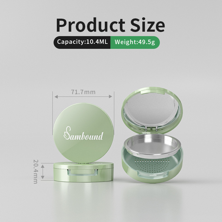 Double-layer makeup setting powder compact box, 59mm aluminum plate with mirror, plastic shell, packaging material with powder puff, customizable packaging material