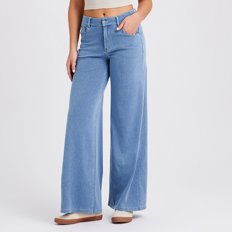 New cross-border high-belt-buckle denim wide-leg pants for women, high-elasticity, slimming and form-fitting pocket fitness casual pants
