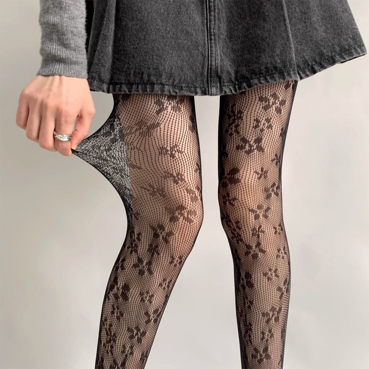 Lace petal mesh hollowed-out pantyhose spring and autumn thin Lolita stockings paired with long boots in retro coffee color