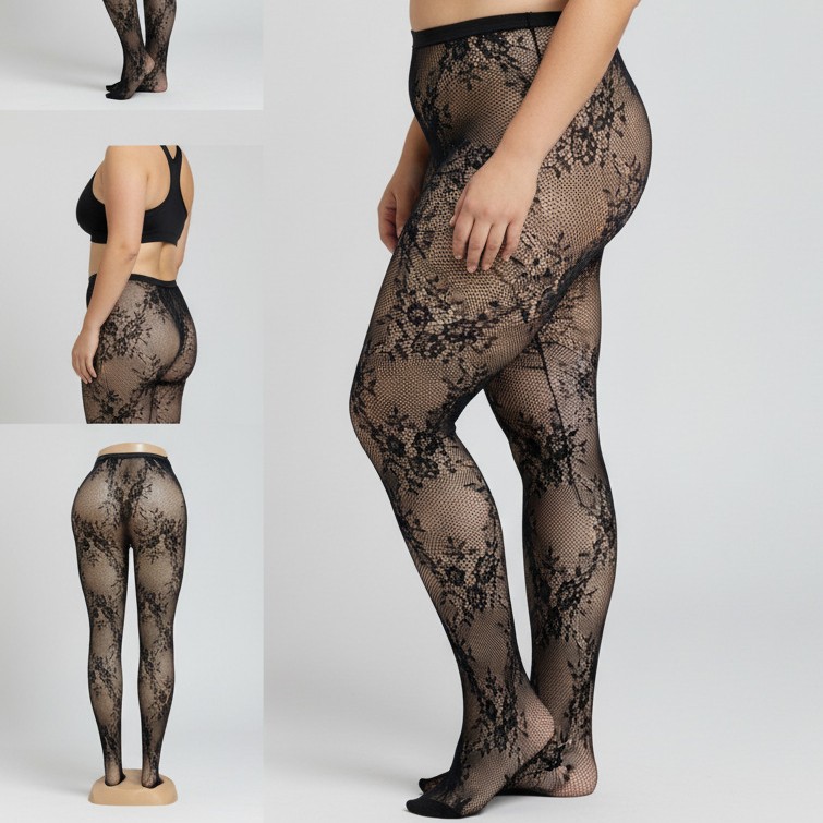 Lace flower net socks, large size silk women's retro coffee-colored flower base socks, cross-border silk socks, flower net socks, thin style women's