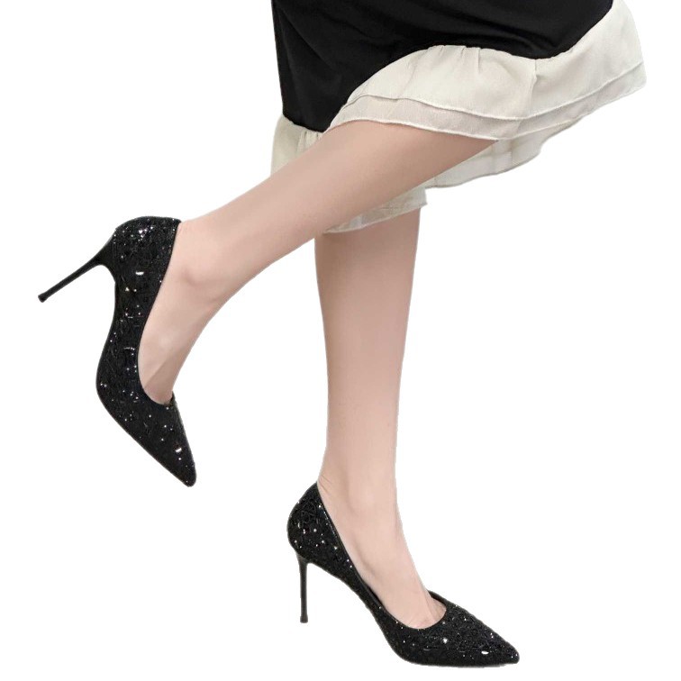French pointed-toe rhinestone low-cut stiletto high heels exude a feminine charm and pair well with skirts for a versatile and elegant look. Single shoes for women