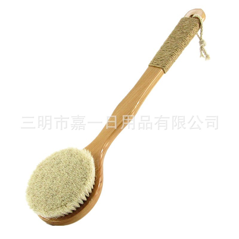 Factory direct sales of long-handled horsehair massage bath brushes for bathing, back scrubbing, and cleaning. Horsehair bath brushes for meridians and PAS soft bristles