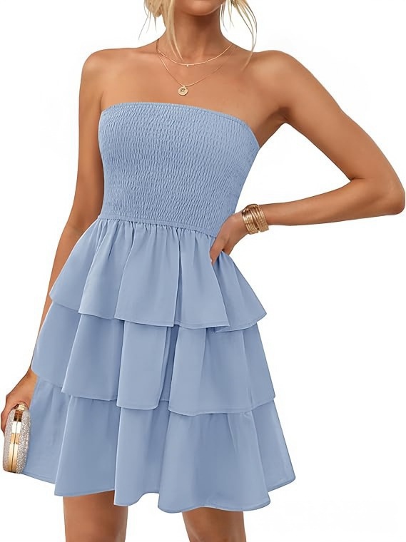 Women's summer pleated strapless dress, off-the-shoulder casual sun dress, layered mini beach dress