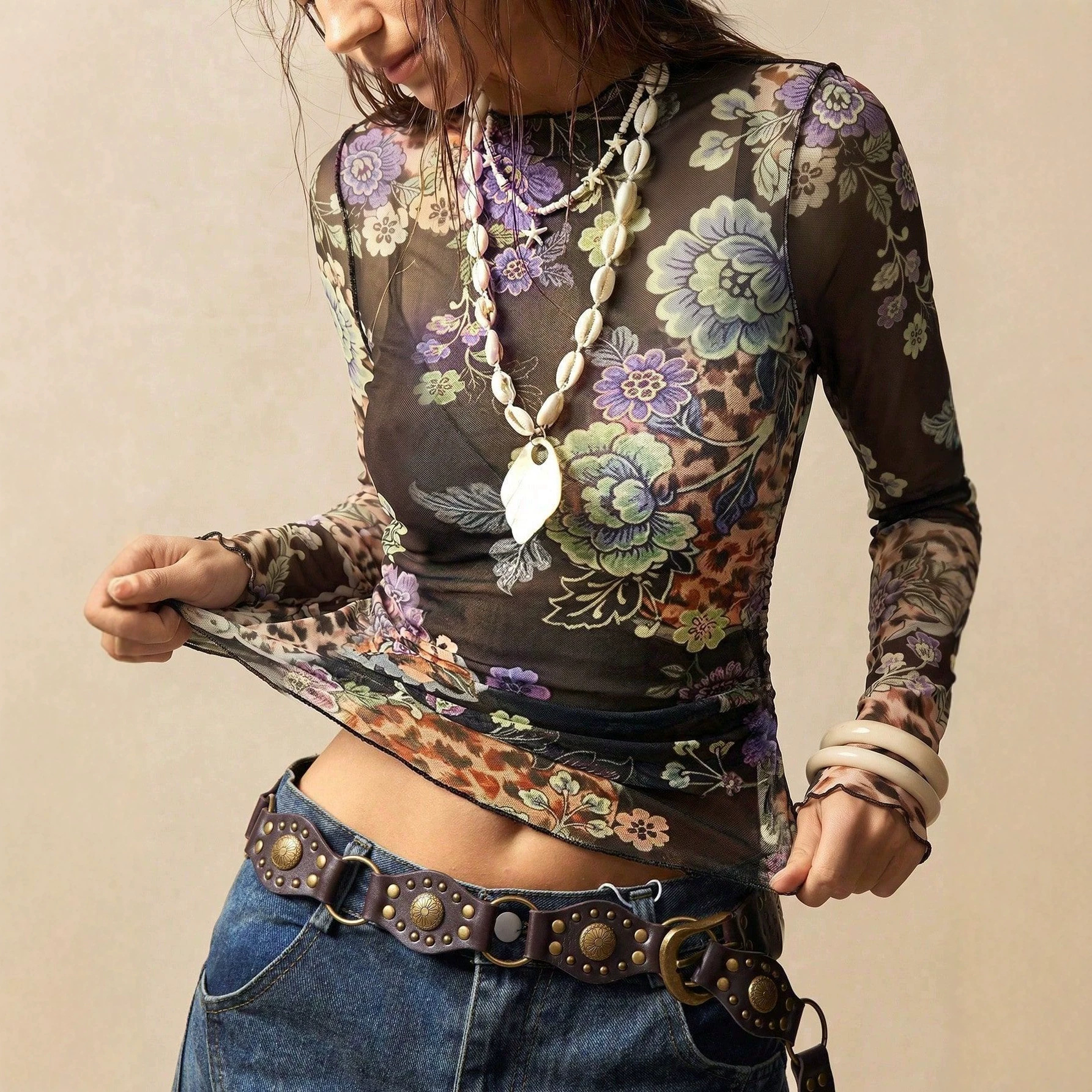 European and American cross-border 2026 Autumn new retro leopard print floral mesh semi-high neck long-sleeved pleated edge top