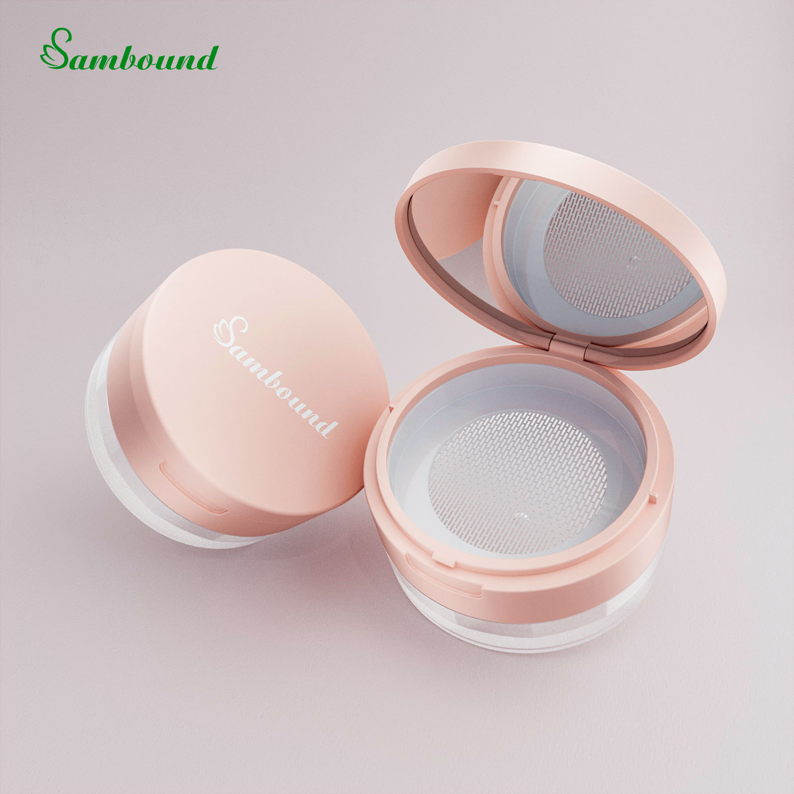 Customized 5G loose powder can flip cover with mirror, small capacity mesh fabric setting powder box injection molding makeup packaging materials factory