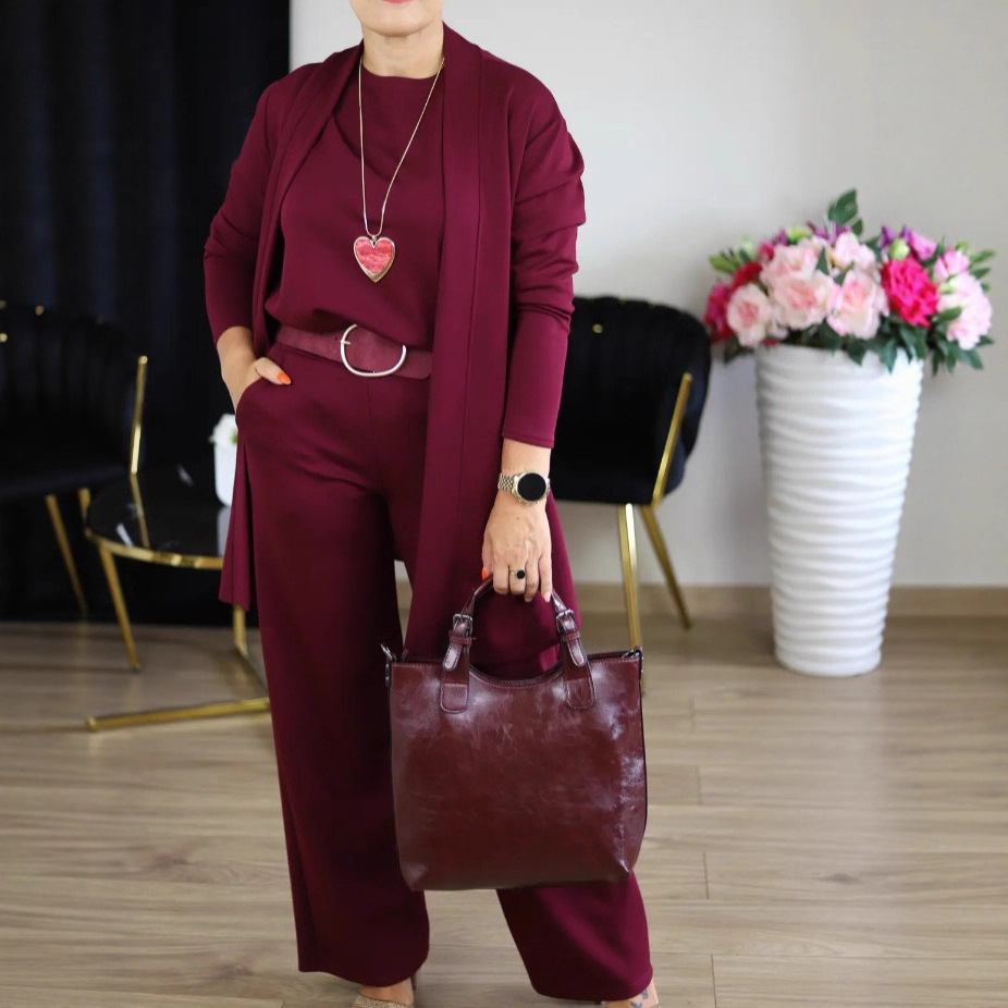 European and American cross-border women's clothing Amazon bestseller knitted cardigan wide-leg pants three-piece plus-size set