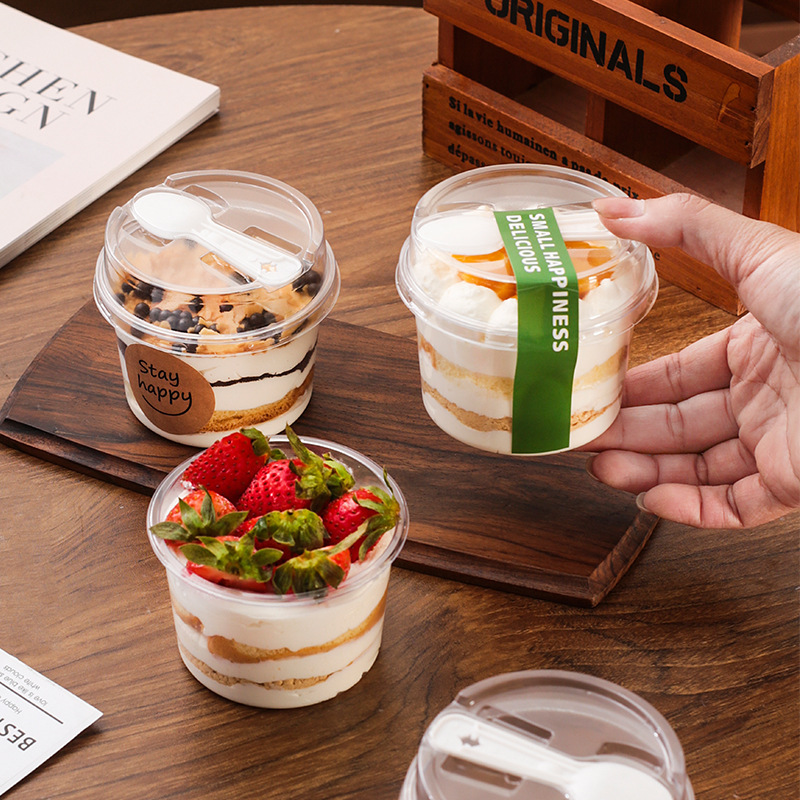 Disposable round mousse cake cup with ladle tiramisu box, double skin milk wood bran pudding yogurt baking packaging