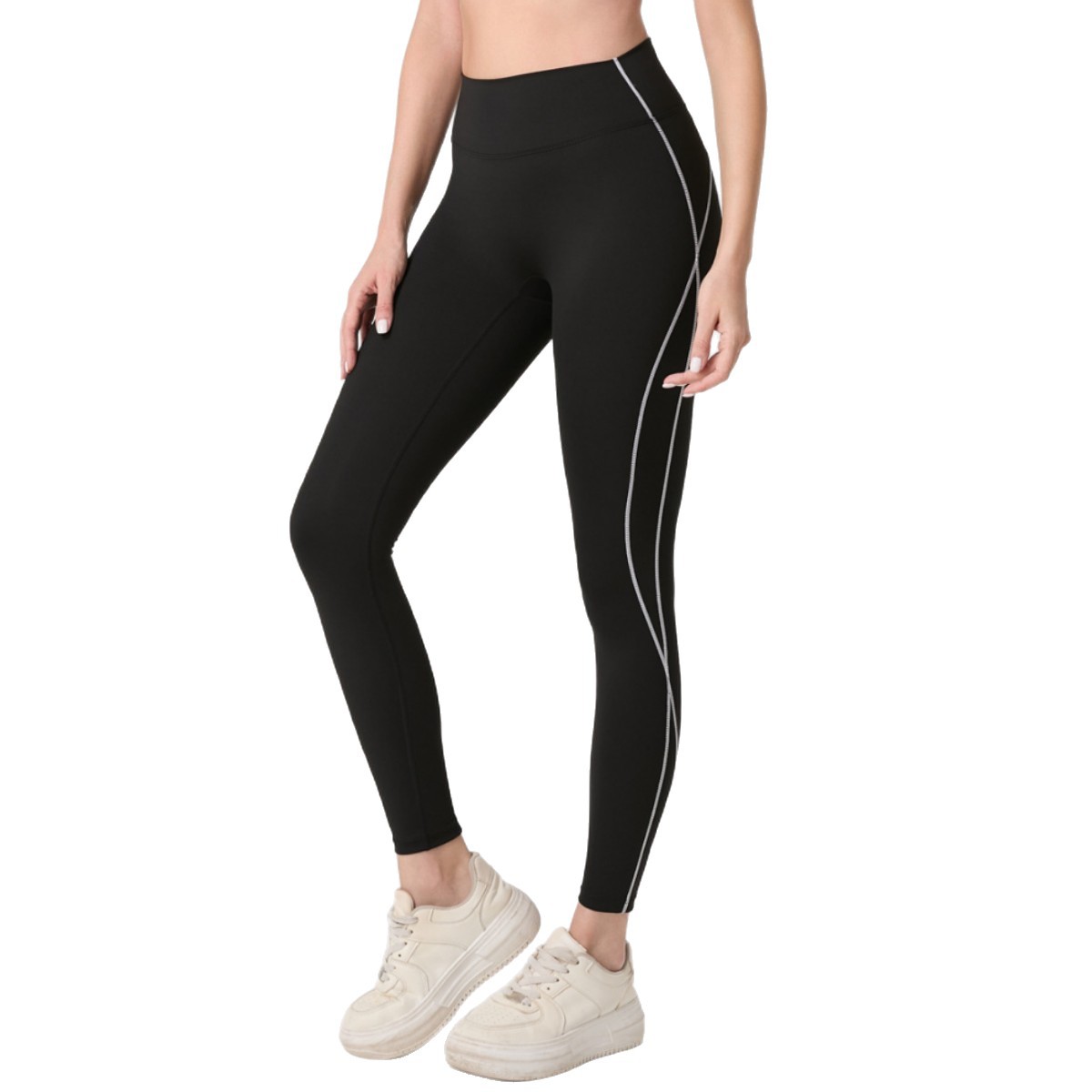 Cross-border TK best-selling yoga pants for women, stretchy nylon Pilates sports, peachy buttocks, slimming and lifting, black stripes