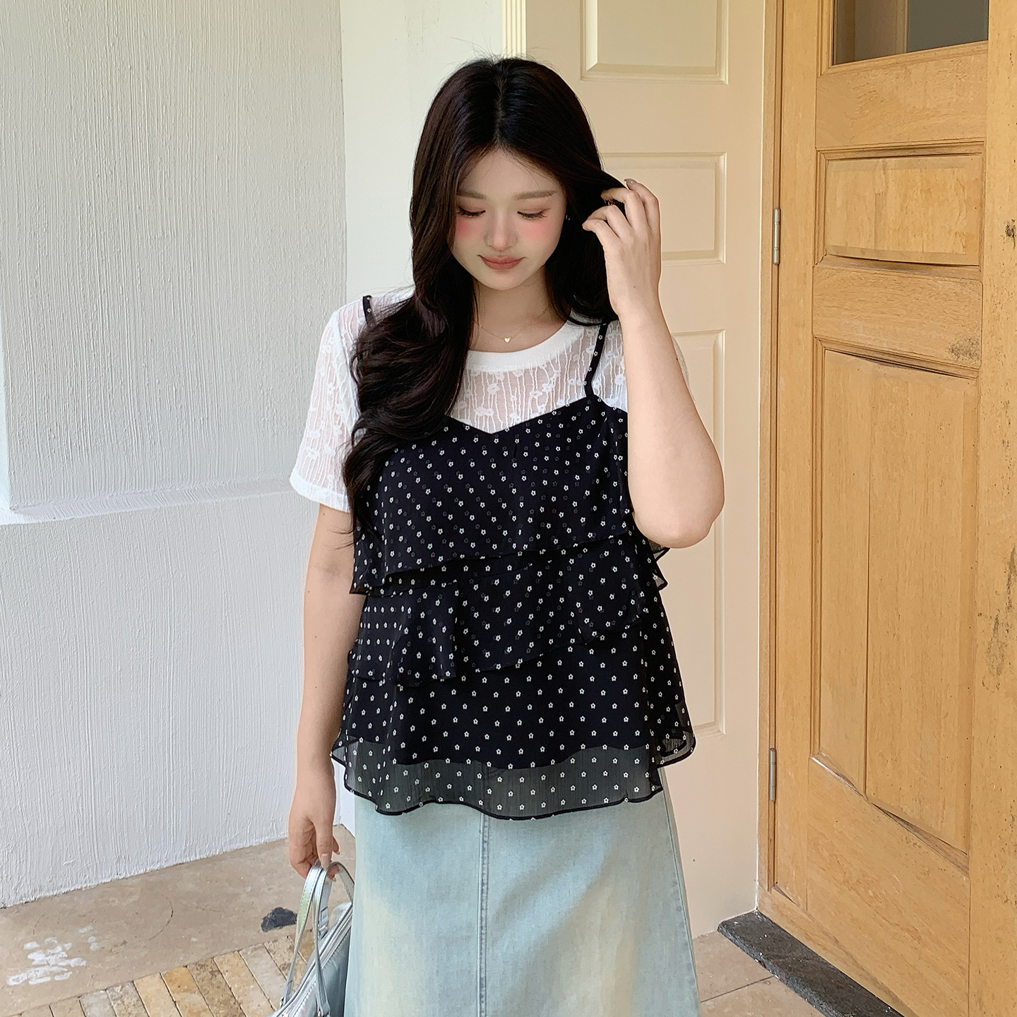 Ino plus-size women's clothing with a Korean design feel, two-piece fake dress 2026 summer polka dot long and short dress 264941