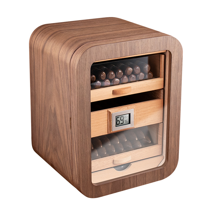 Cigar moisturizing cabinet: Cedar wood three-layer large-capacity transparent window, black walnut wood grain wooden cigar aging moisturizing cabinet