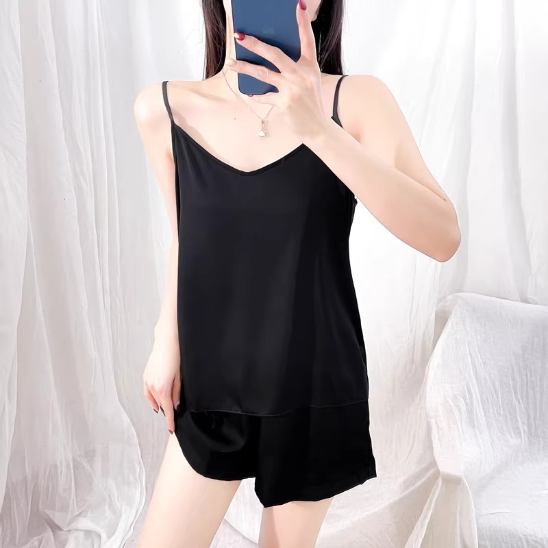 Summer ice silk satin V-neck small halter top, shorts, simple pajama set, home casual, plus-size home wear